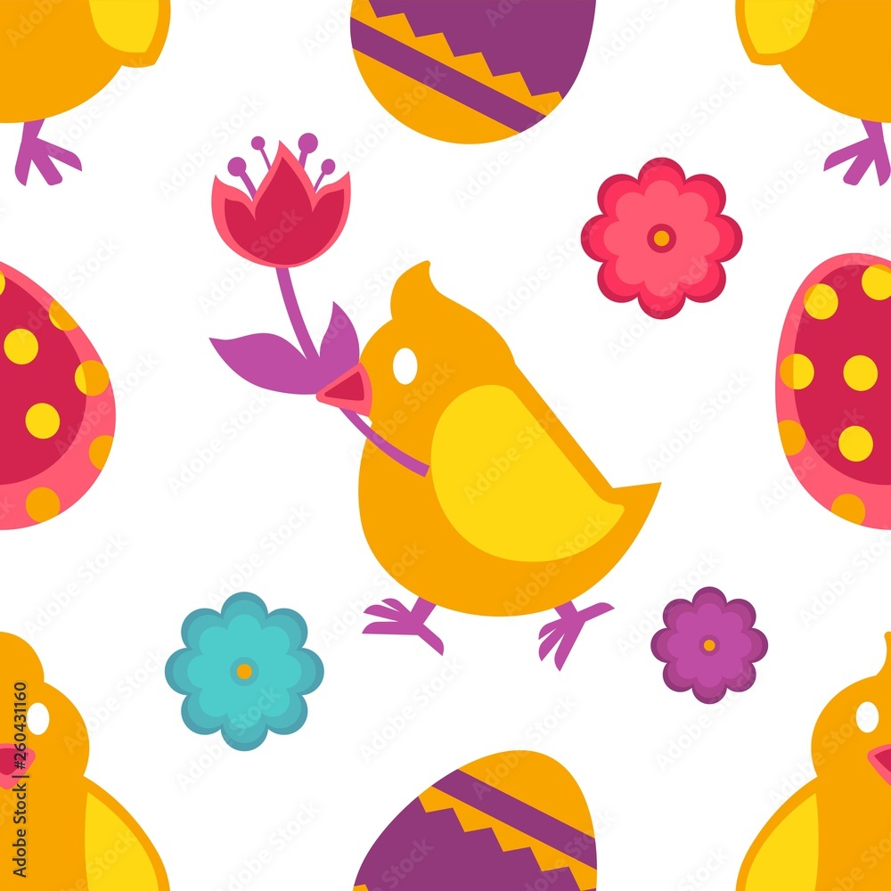 Chicken with flower and painted eggs Easter seamless pattern vector