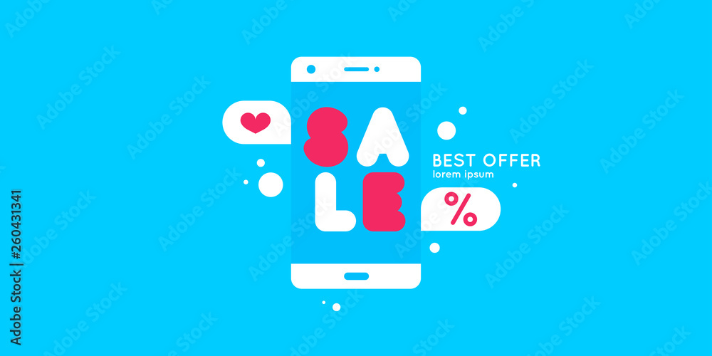 Vector illustration of the purchase of goods via the Internet. Sale banner