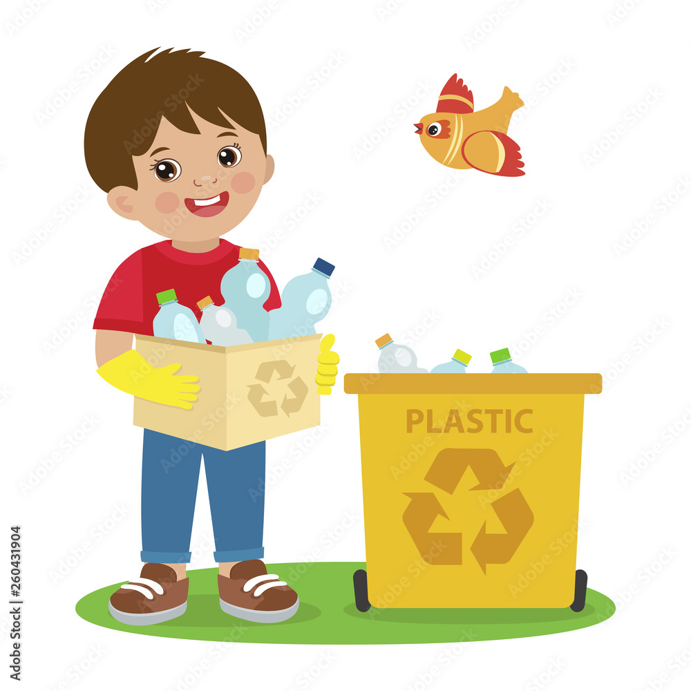 Kids Activities Vector. Ecology Theme Illustration. Boy Gathering Garbage  And Plastic Waste For Recycling. Kid Picking Up Plastic Bottles Into Garbage.  Waste Recycling For Reuse. Stock Vector | Adobe Stock