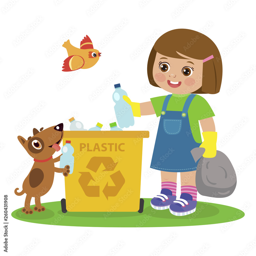 Cartoon Girl And Dog Gathering Garbage And Plastic Waste For Recycling. Kids  Activities Vector. Ecology Theme Illustration. Kid Picking Up Plastic  Bottles Into Garbage. Waste Recycling For Reuse. Stock Vector | Adobe