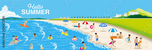 Summer beach landscape, people enjoying sea bathing - Included words "Hello Summer"