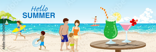 Summer beach landscape, sea bathing  people and Cocktail juice - Included words “Hello Summer"