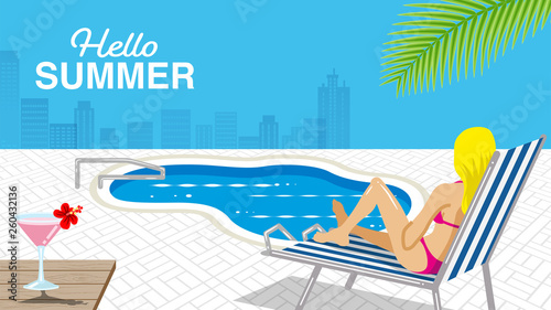 Bikini woman sitting on the chaise chair in resort pool - Included words “Hello Summer"