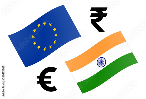 EURINR forex currency pair vector illustration. EU and India flag, with Euro and Indian rupee symbol.