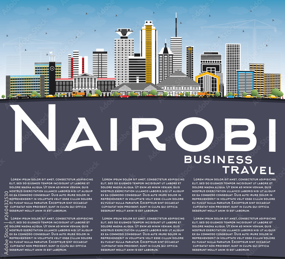 Nairobi Kenya City Skyline with Color Buildings, Blue Sky and Copy Space.