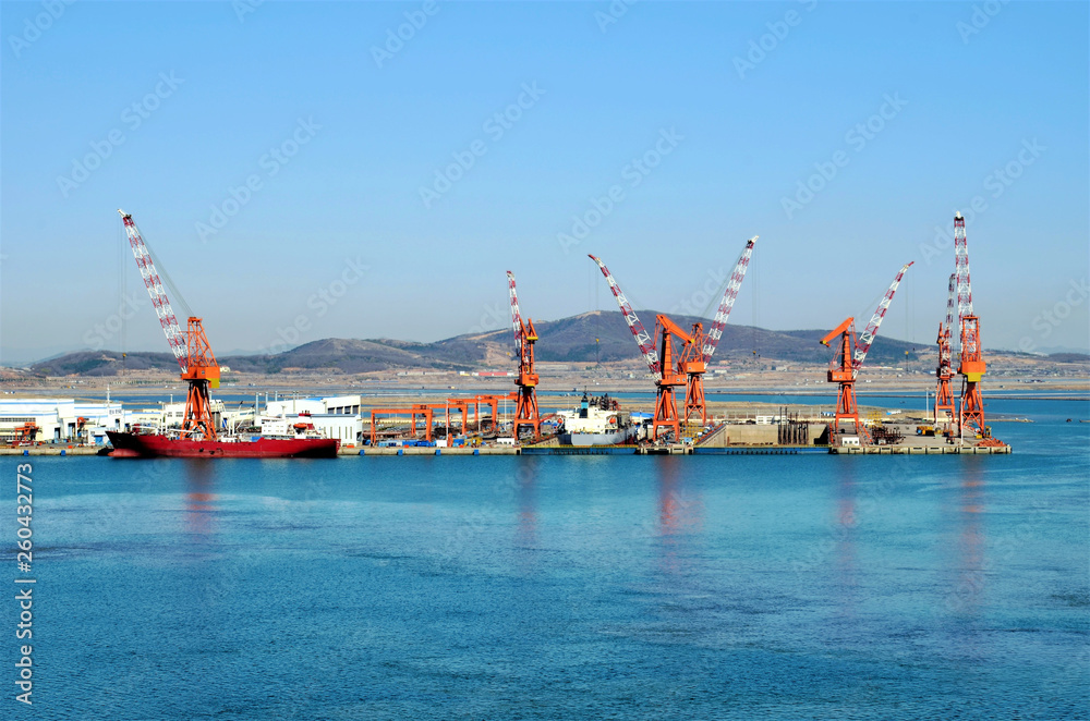 Landscape with shipyard docks near Dalian, China.