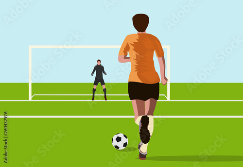 Football striker players are raising football to score goals. With a goalkeeper looking at in football field,blue sky background
