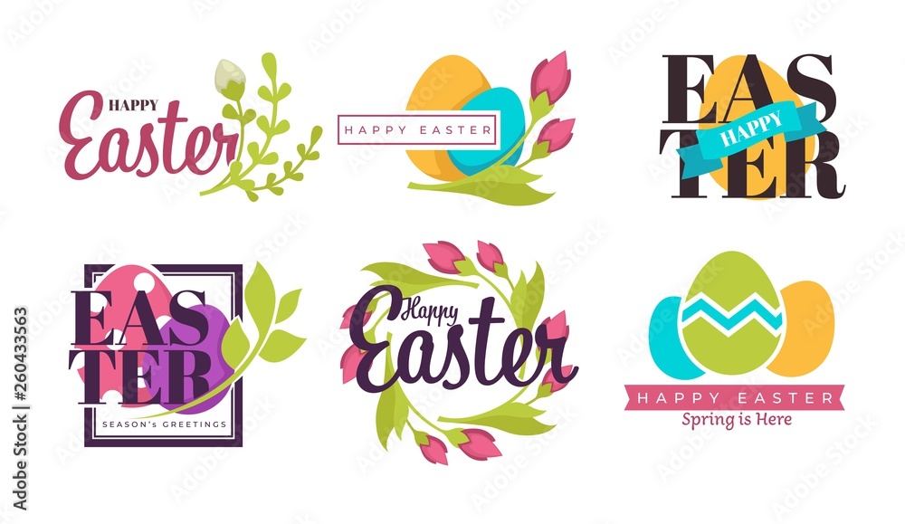 Painted eggs and green branch Easter holiday isolated icons vector