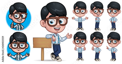 Cartoon Geek Boy Mascot Character with 7 Poses_EPS 10 Vector photo