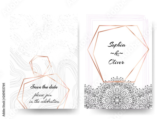 Modern styled invitation on wedding with gold frames and hand drawn mandala on white background photo