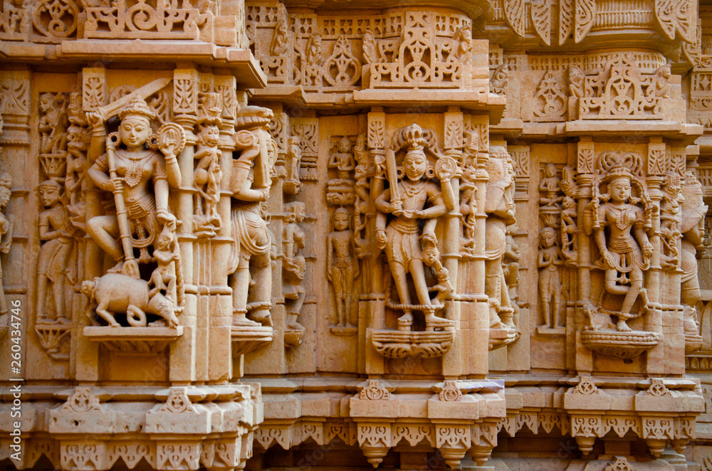 Beautifully carved idols, Jain Temple, situated in the fort complex, Jaisalmer, Rajasthan, India.
