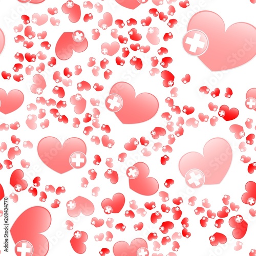 Vector heart sign with a red cross. Seamless Wallpaper pattern.  The ability to stretch to any size in all directions without loss of quality.  Vector illustration. 