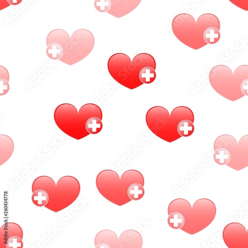 Vector heart sign with a red cross. Seamless Wallpaper pattern.  The ability to stretch to any size in all directions without loss of quality.  Vector illustration. 