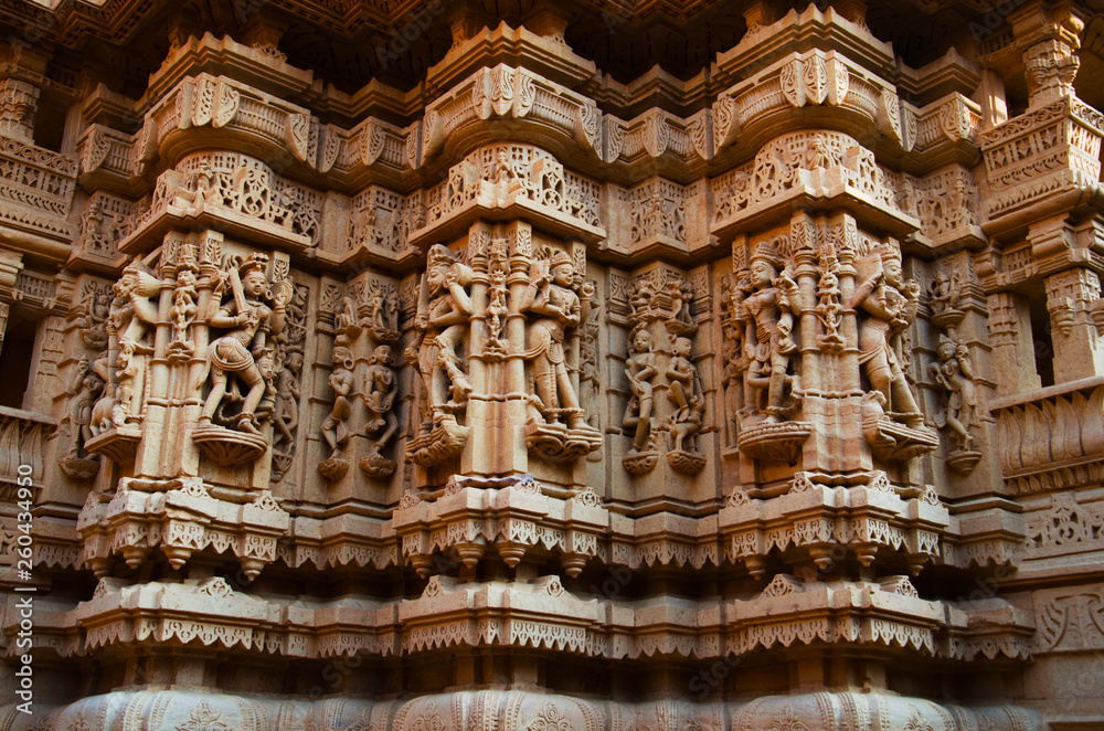 Beautifully carved idols, Jain Temple, situated in the fort complex, Jaisalmer, Rajasthan, India.