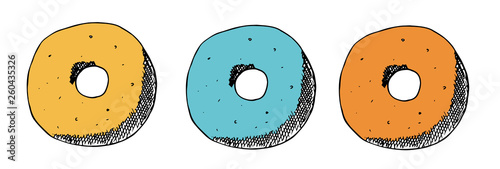 Donat. Big collection pastries and tea accessories. Vintage posters with freehand drawing, Vector illustration. Doodles. bakery products.