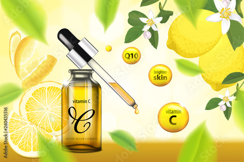 Vitamin C serum essence with lemon and flower background template. Vector set of fruit element for cosmetic, advertising, packaging design of lemon products.