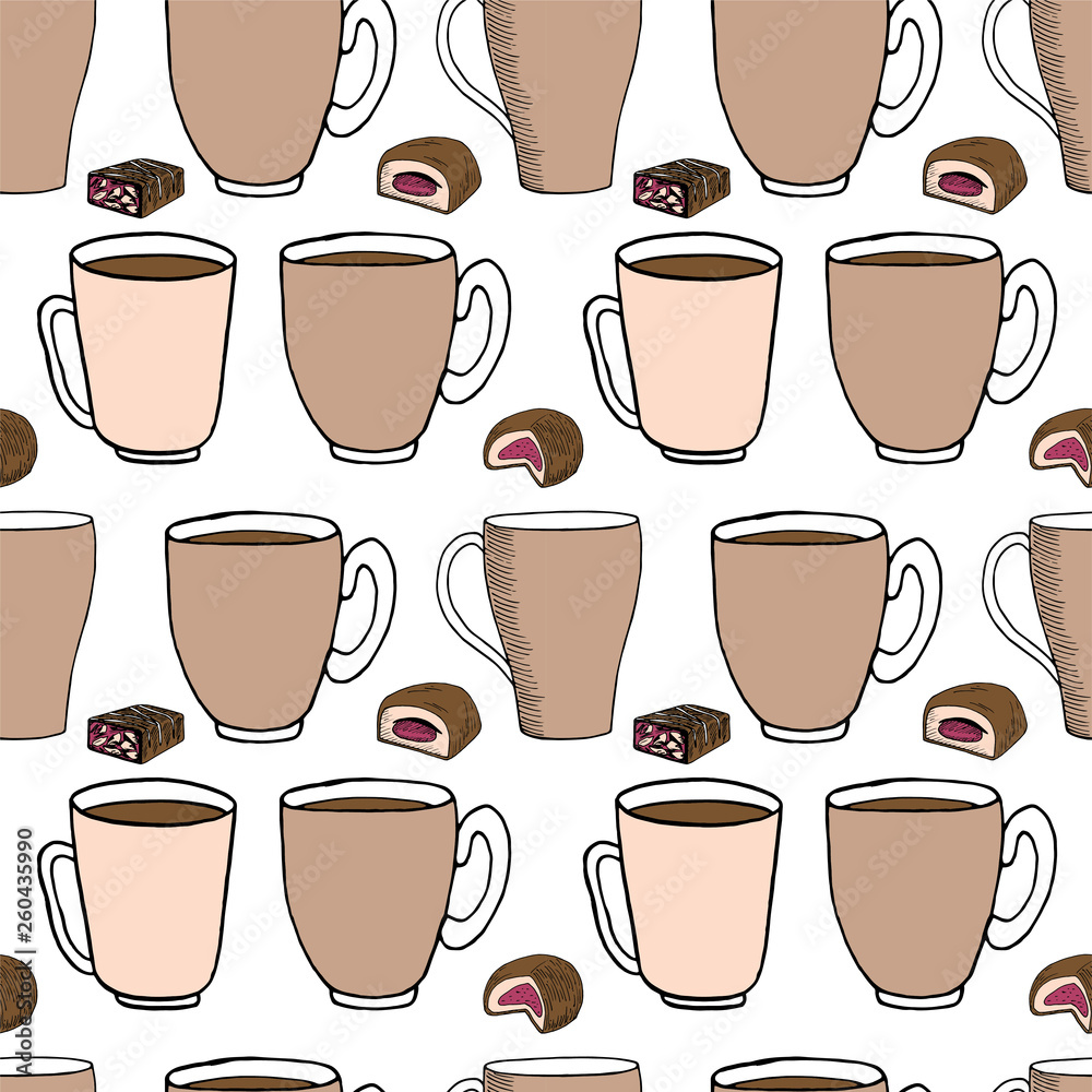 Hand draw seamless pattern. Cup of coffee, tea time. Vector illustration.