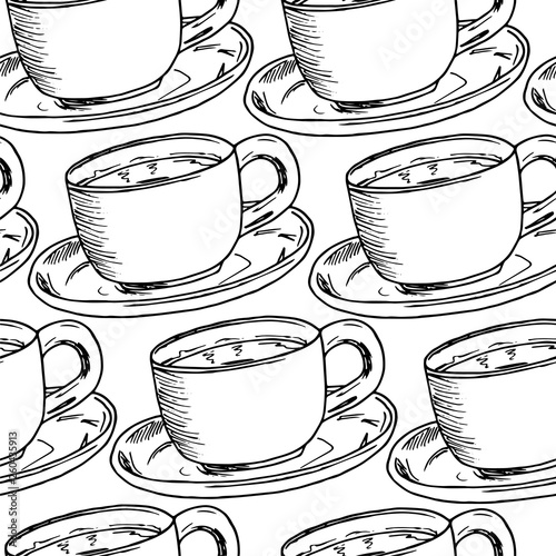 Hand draw seamless pattern. Cup of coffee, tea time. Vector illustration.