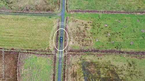 Aerial of self driving car communicationg and tracking it's way in the countryside photo