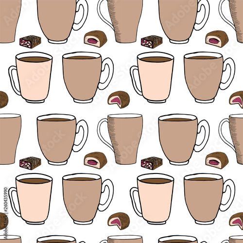 Hand draw seamless pattern. Cup of coffee, tea time. Vector illustration.