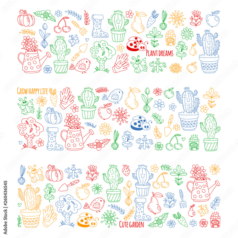 Vector pattern for backgrounds. Cute gardening. Icons for banners.