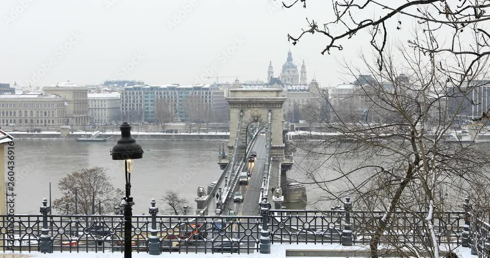 BUDAPEST, HUNGARY - JANUARY 17, 2019 : A aerial view of Budapest city covered by the snow and city traffic BUDAPEST, HUNGARY - JANUARY 17, 2019 : A aerial view of Budapest city covered by the snow and city traffic