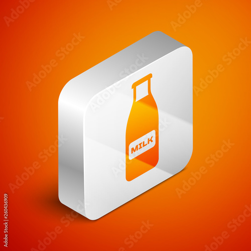 Isometric Closed glass bottle with milk and cap icon isolated on orange background. Silver square button. Vector Illustration