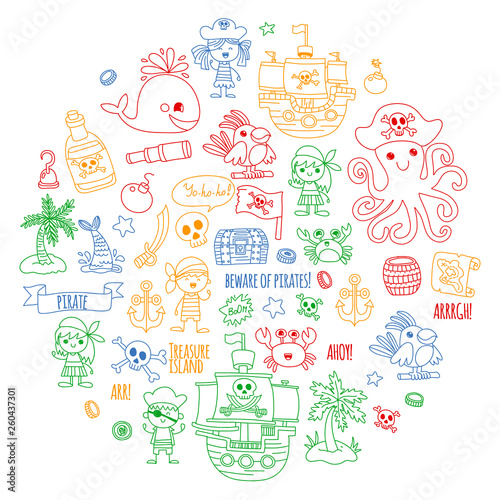 Vector pattern with pirate icons. Adventure, birthday party.
