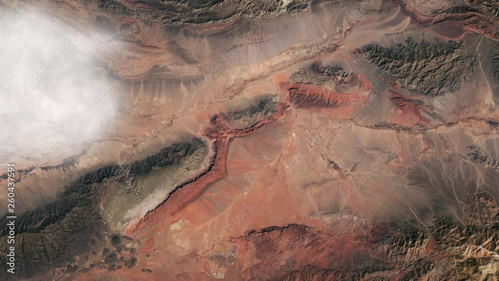 Scenic aerial satellite view of rock desert and mountains, Talampaya park Argentina. Contains public domain image by Nasa