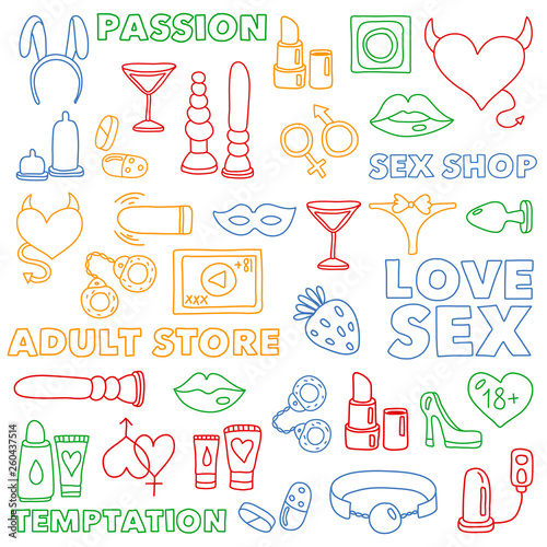 Vector set with sex shop icons. Erotic fetish games background.