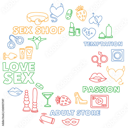 Vector set with sex shop icons. Erotic fetish games background.