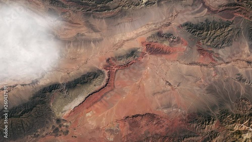 Scenic aerial satellite view of rock desert and mountains, Talampaya park Argentina. Contains public domain image by Nasa photo
