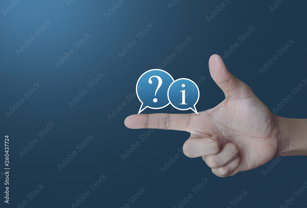 Question mark and information chat icon on finger over light gradient blue tone background, Business customer support concept Question mark and information chat icon on finger over light gradient blue tone background, Business customer support concept