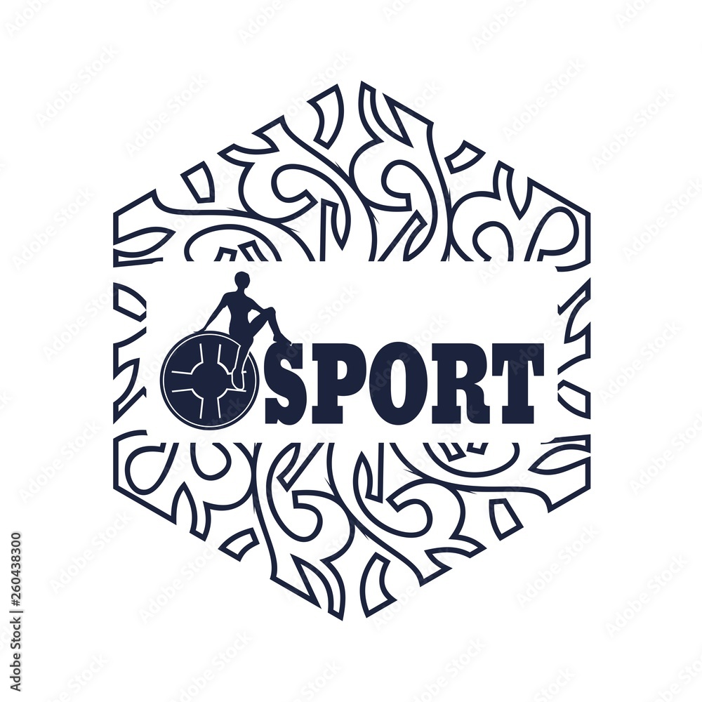 Woman silhouette on sport text. Rod pancake silhouette. Bodybuilding club emblem