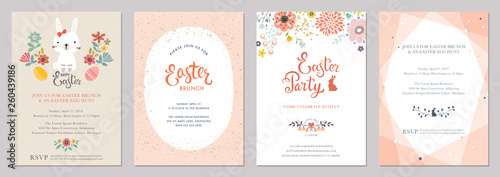 Happy Easter templates with eggs, flowers, rabbit and typographic design.