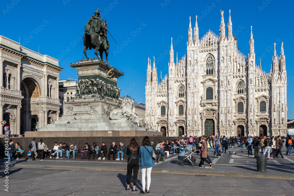 Fototapeta premium Milan, Italy - March 8, 2019: Statue of the first king of a united Italy Vittorio Emanuele II