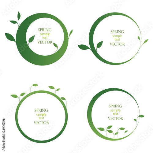 green circles, set of round, green banners, frames with leaves, vector