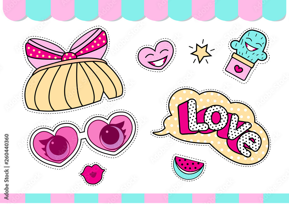 Set of cute girlish vector stickers for lol surprise party. Doll's style  element of design. Photo booth props. Doodle pink sweet picture for kids  daily book, scrapbook, notebook. Summer girl t-shirt Stock