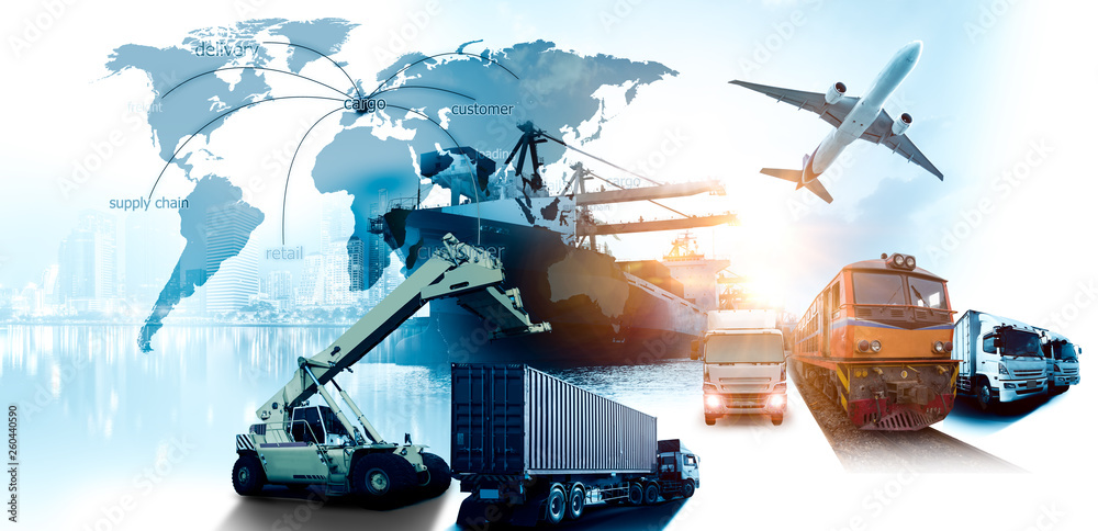 Global business of Container Cargo freight train for Business logistics concept, Air cargo trucking, Rail transportation and maritime shipping, Online goods orders worldwide
