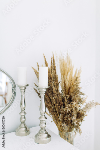 Minimalism in the interior decor. Bright modern interior with dried flowers.