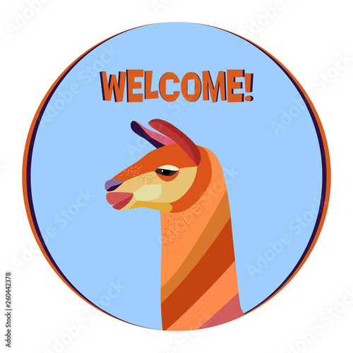 Lama logo template. Background for zoo, tourism, souvenir, invitation card, advertising. Stylized animal character of South America. Lama, vicuna, alpaca, guanaco. Vector illustration.