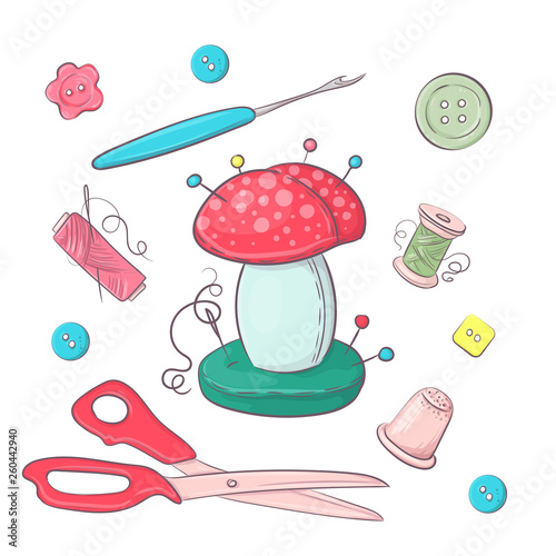 Set of needle bed sewing accessories. Hand drawing. Vector illustration