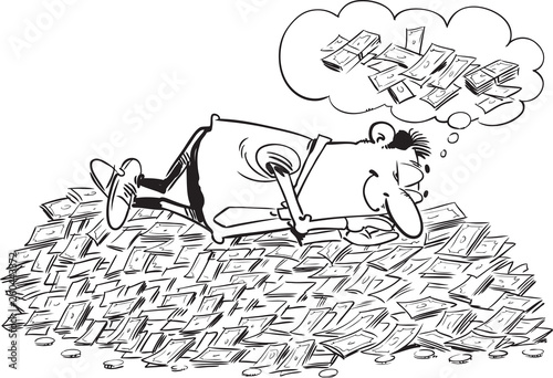 business boss falling asleep on money stacks