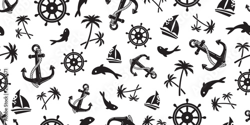 Anchor seamless pattern vector boat pirate helm palm tree maritime Nautical ocean sea repeat wallpaper scarf isolated tile background
