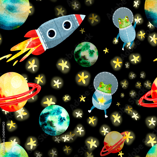 space pattern with planets and rocket