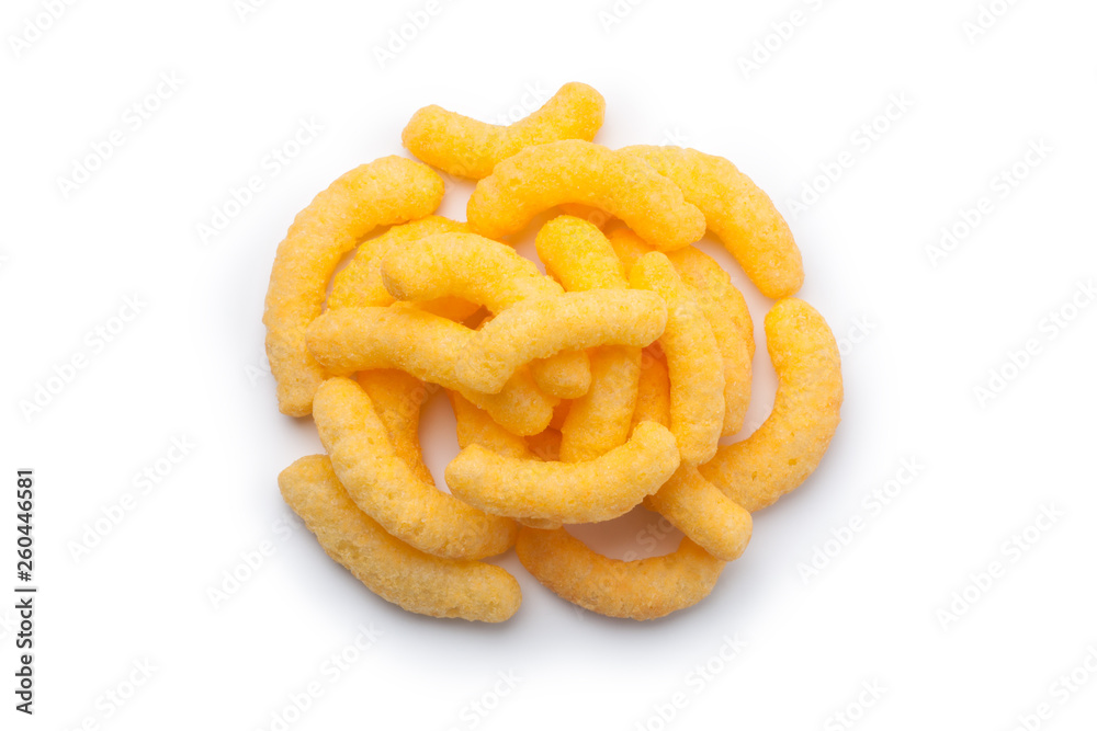 Pile of cheese puffs isolated on a white background. Top view. Pile of cheese puffs isolated on a white background. Top view.
