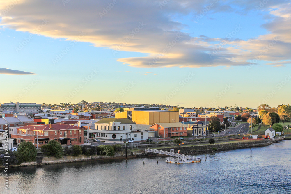 Sunset in tasmanian town Devonport with Mersey river in the foreground, Tasmania