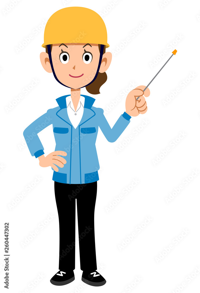 指し棒を持つ建築現場作業員の女性　青い作業着