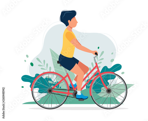 Happy man with a bike in the park. Vector illustration in flat style, concept illustration for healthy lifestyle, sport, exercising.