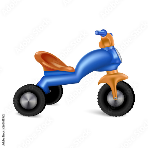 Plastic tricycle icon. Realistic illustration of plastic tricycle vector icon for web design isolated on white background